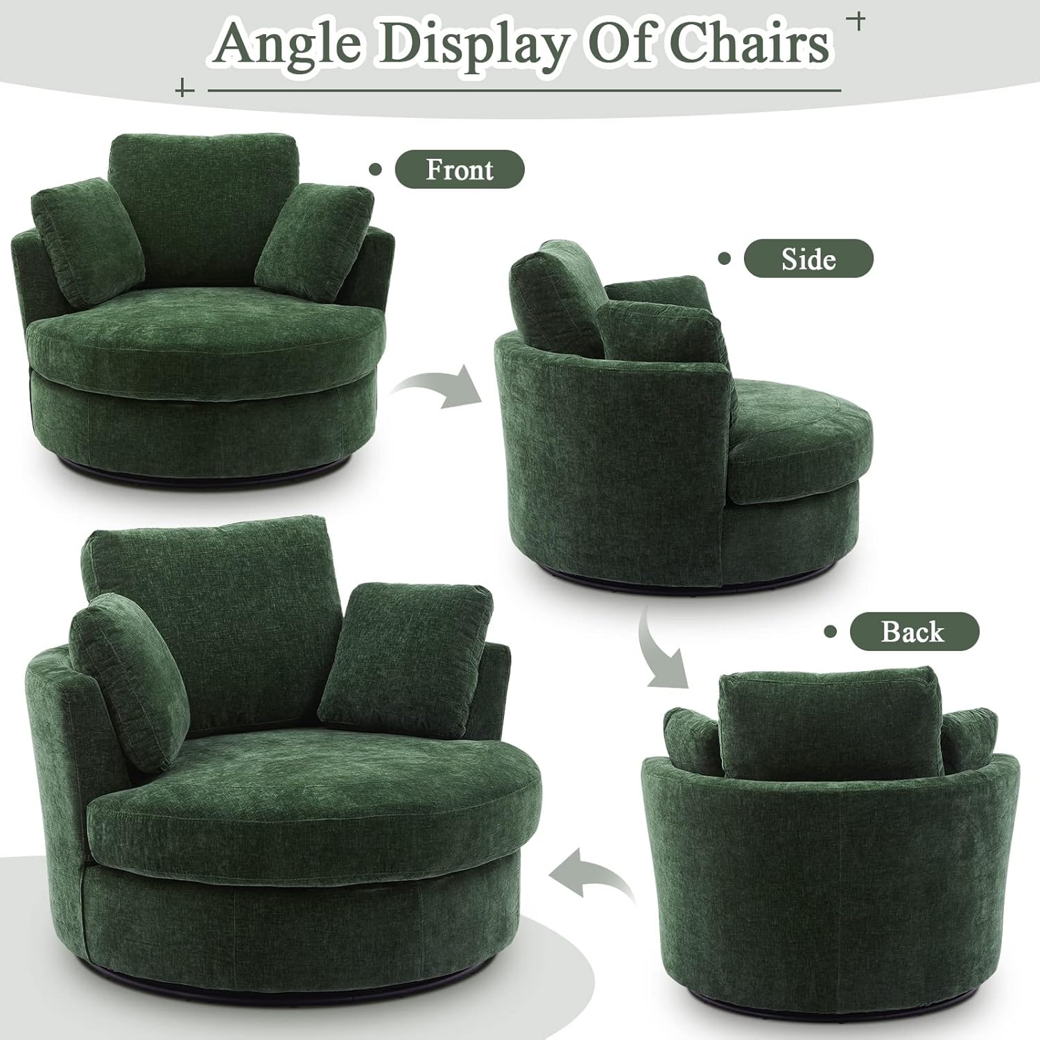 Boucle Swivel Barrel Chair with 3 Pillows, Green Chenille D465544