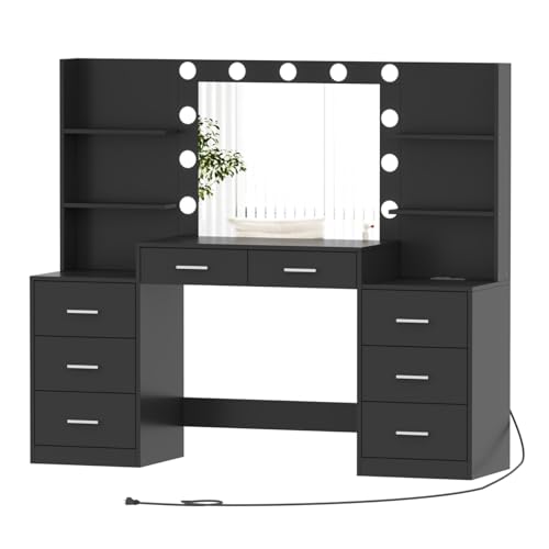 Large Vanity Desk with Mirror and Lights, White Makeup Vanity with Power Outlet, 8 Drawers U4403