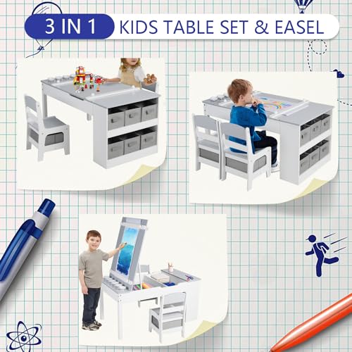 Kids Art Table & Easel Chair Set, 3 in 1 Wood Activity Table with Storage N8178