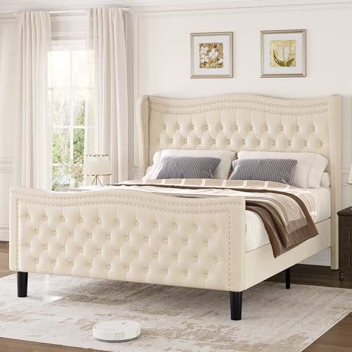 Queen Bed Frame, 52"" Headboard Upholstered Bed with Tall Footbaord, Velvet Upholstered Deep Button Tufted Wingback Platform Bed, No Box Spring Required/Wood Slat Support/Black