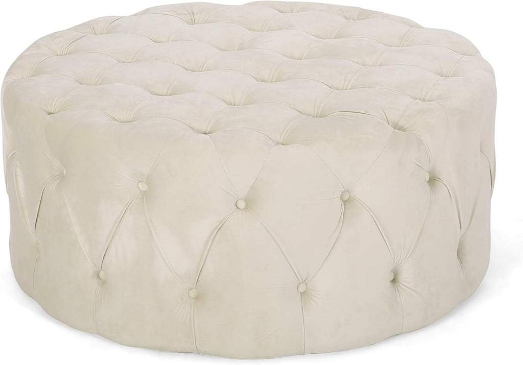 Christopher Knight Home Sabina Round Tufted Velvet Ottoman, Beige