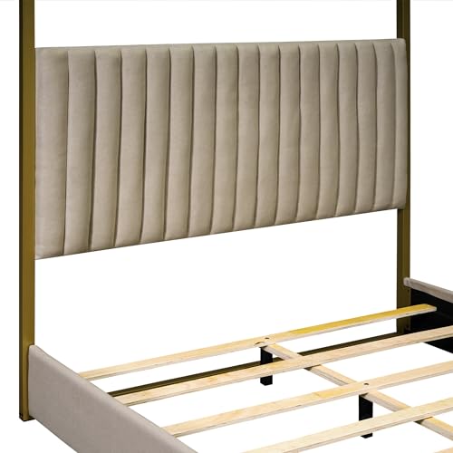 Canopy Platform Bed with Headboard and Metal Frame, Queen Size, Beige P487