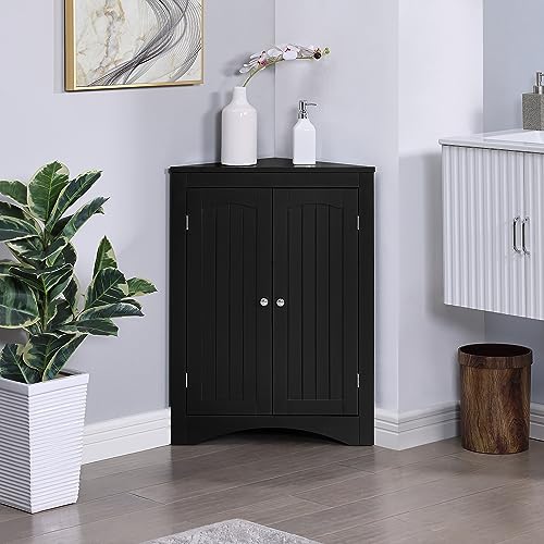 Corner Storage Cabinet with 2 Doors, Freestanding Sideboard Cabinet Short Corner Cabinets for Home Kitchen, Living Room, Bedroom (Black)
