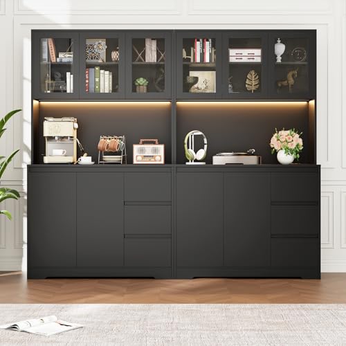 71" Kitchen Pantry Cabinet with LED Lights and Charging Station, Modern Storage and Microwave Stand Q636690