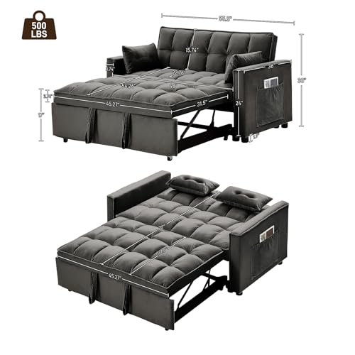 Convertible Sleeper Sofa with Pullout Bed, USB Port, Black Velvet O177