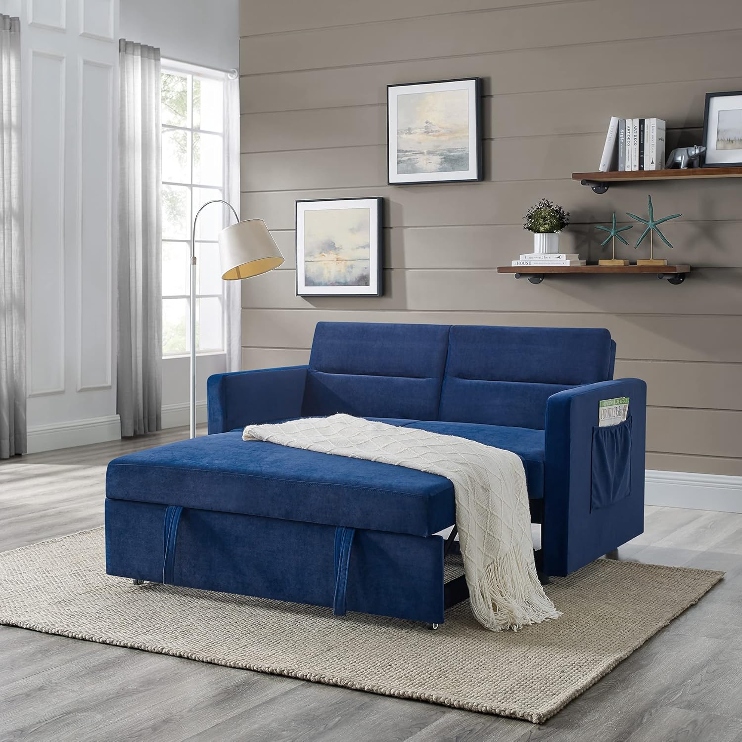 Futon Couch Pull Out Sleep, 2 Seater Convertible Sofa with Adjustable Backrest, Blue Velvet H50307