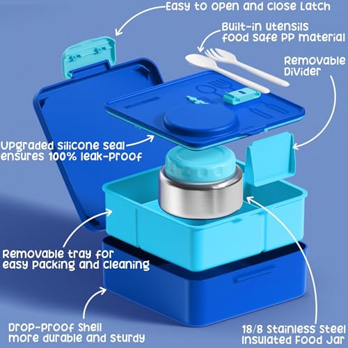 Bento Box for Kids Adults - Leakproof 3 Compartments Lunch Set with Thermos, Water Bottle, Lunch Bag & Cutlery C614861