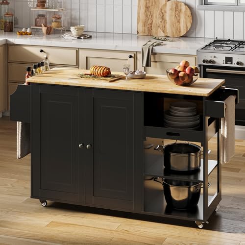 Rolling Kitchen Island with Drop Leaf, Wood Countertop, Storage Cabinet, White Q36361