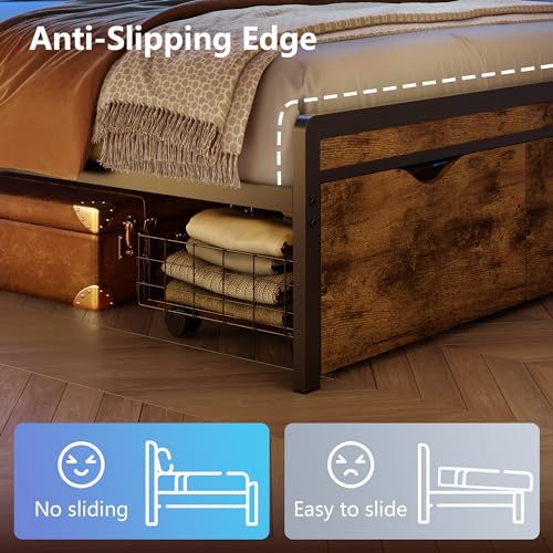 Vintage Brown Bed Frame with LED Light and Charging Station H930800