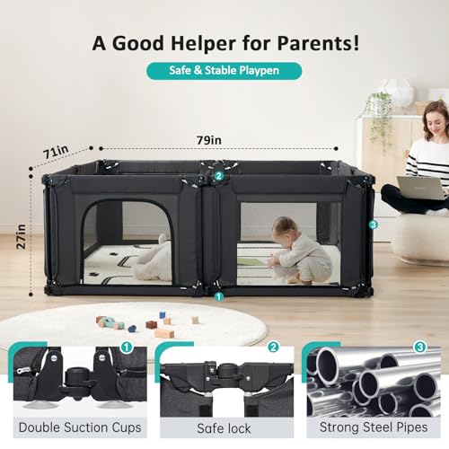 Baby Playpen, Shape & Size Adjustable, Foldable with Breathable Mesh, Black T790