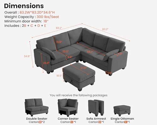 Modular Sectional Couch, Corduroy L Shaped Sleeper Sofa with Storage Ottoman W472