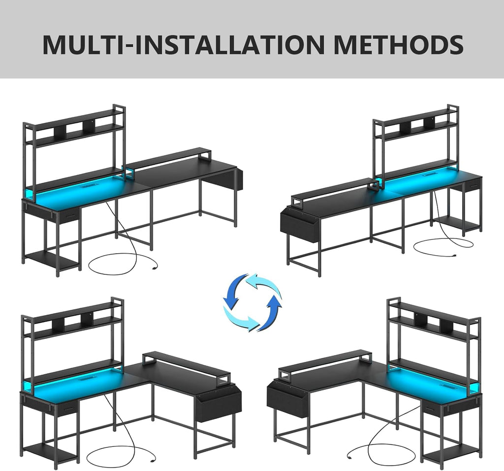 L Shaped Gaming Desk with Monitor Shelf and Power Outlets Q696200