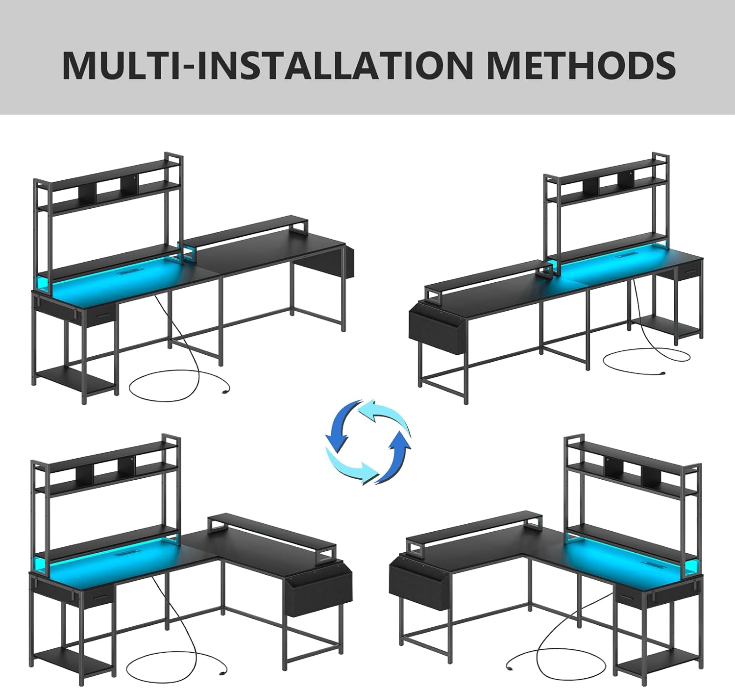 L Shaped Gaming Desk with Monitor Shelf and Power Outlets Q696200