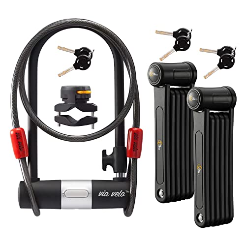 Via Velo 3 Folding Bike Lock Set | Same Key System Keyed Alike, New 2022, Heavy Duty Hard Steel, Lightweight, Bike Lock for Electric Bike, Electric Scooter, Dirt Bike for Adults with Mounting Case