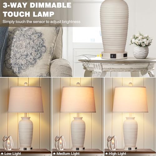 Rustic Bedside Table Lamps Set of 2, Touch Control with USB & AC Outlet V3485