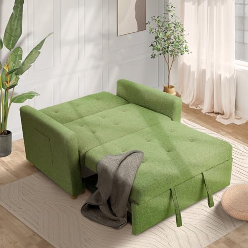 49" 2-Seater Loveseat Futon Sofa, 3-in-1 Convertible Sofa Bed, Linen Fabric Sleeper Couch with Adjustable Backrest D96563