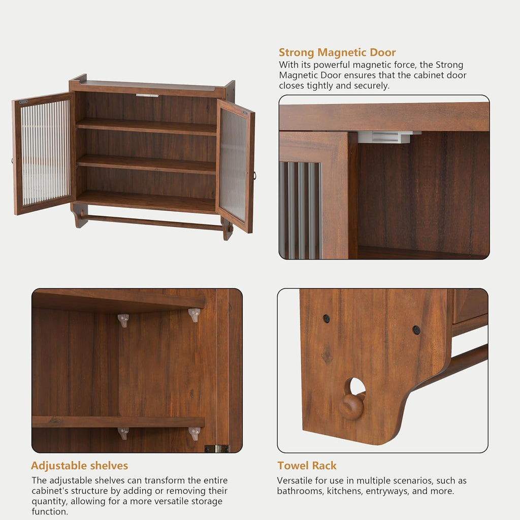 Wood Wall Cabinet with Glass Doors and Detachable Shelves B7751