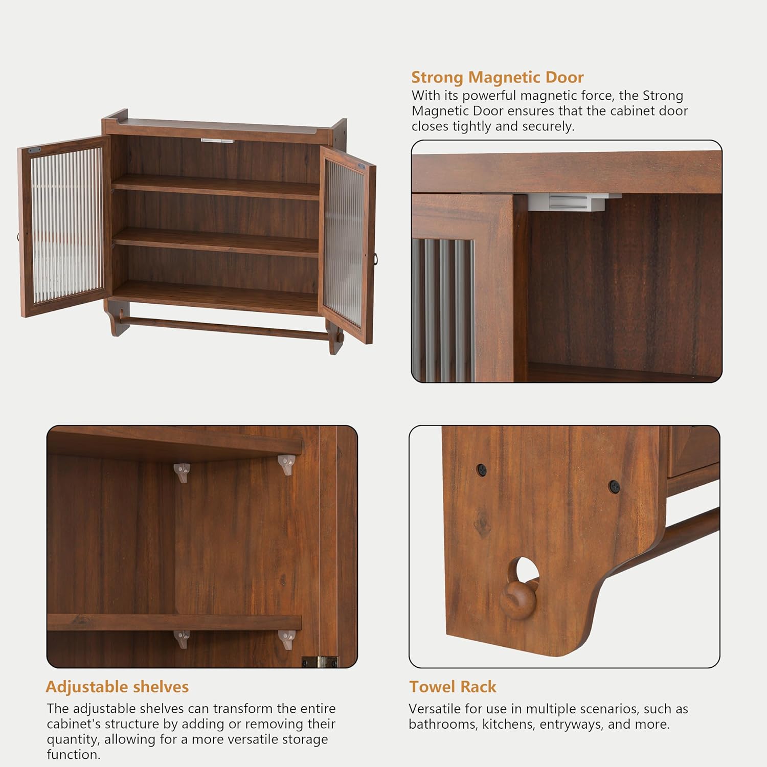 Wood Wall Cabinet with Glass Doors and Detachable Shelves B7751