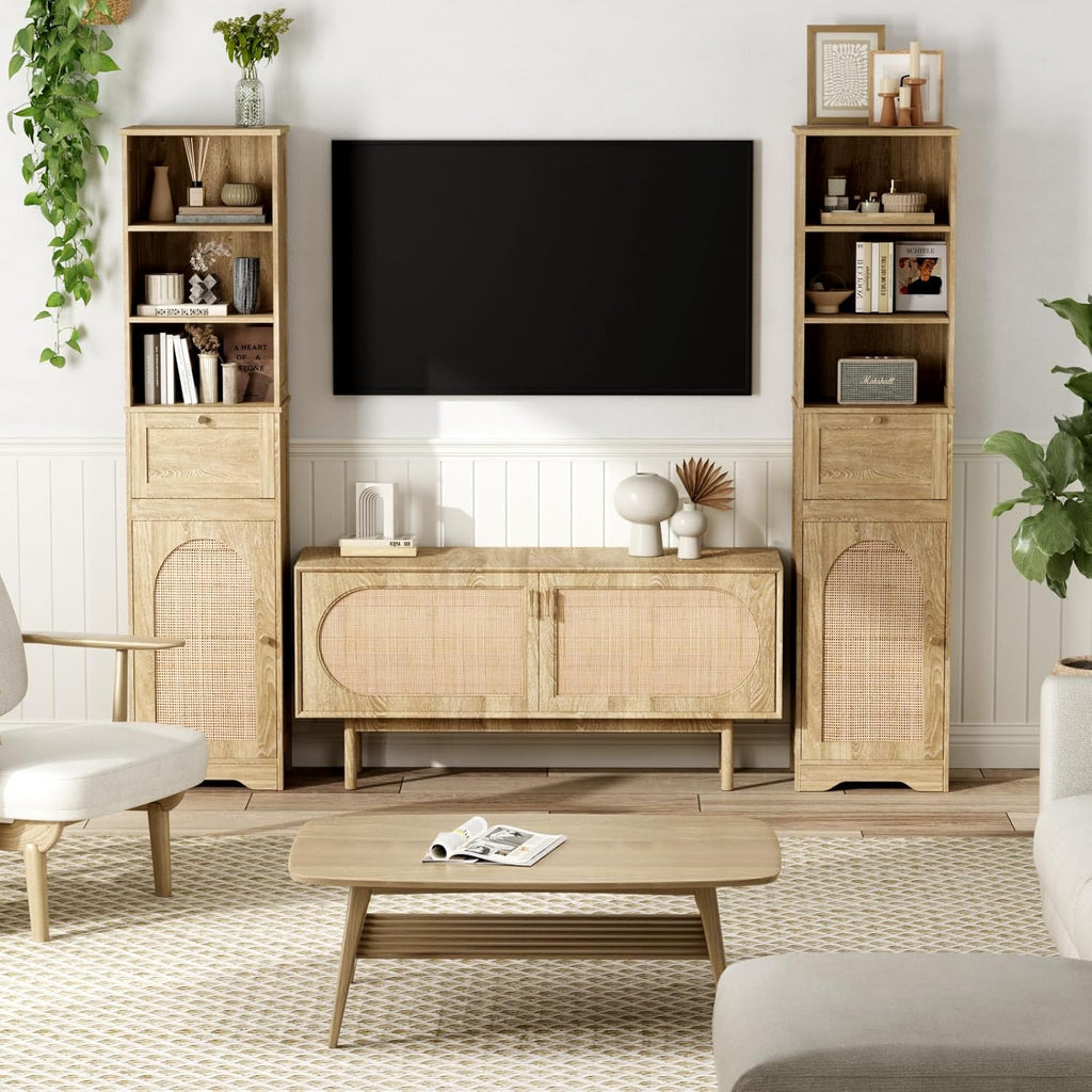 Linen Bathroom Storage Cabinet with Rattan Doors and Drawer K20674