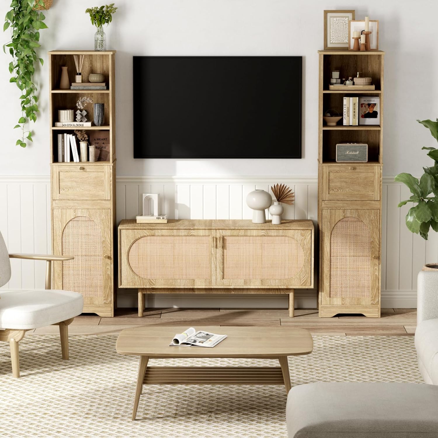 Linen Bathroom Storage Cabinet with Rattan Doors and Drawer K20674