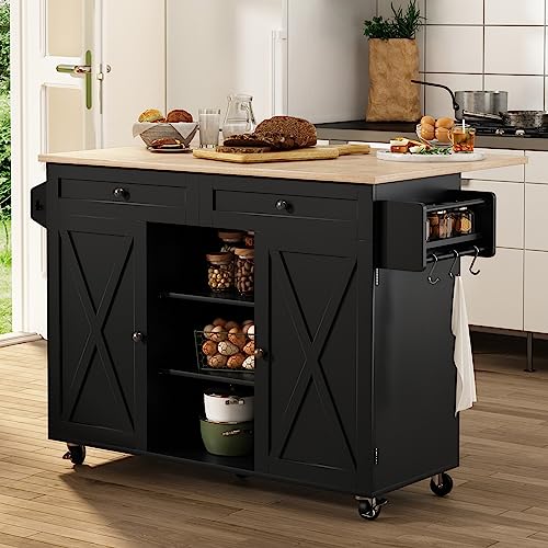 HLR Kitchen Island On Wheels, Rolling Kitchen Island Cart with Drop Leaf Countertop, Barn Door Kitchen Island Table with Storage Cabinet and Tower Rack, Island Table for Kitchen (Blue)