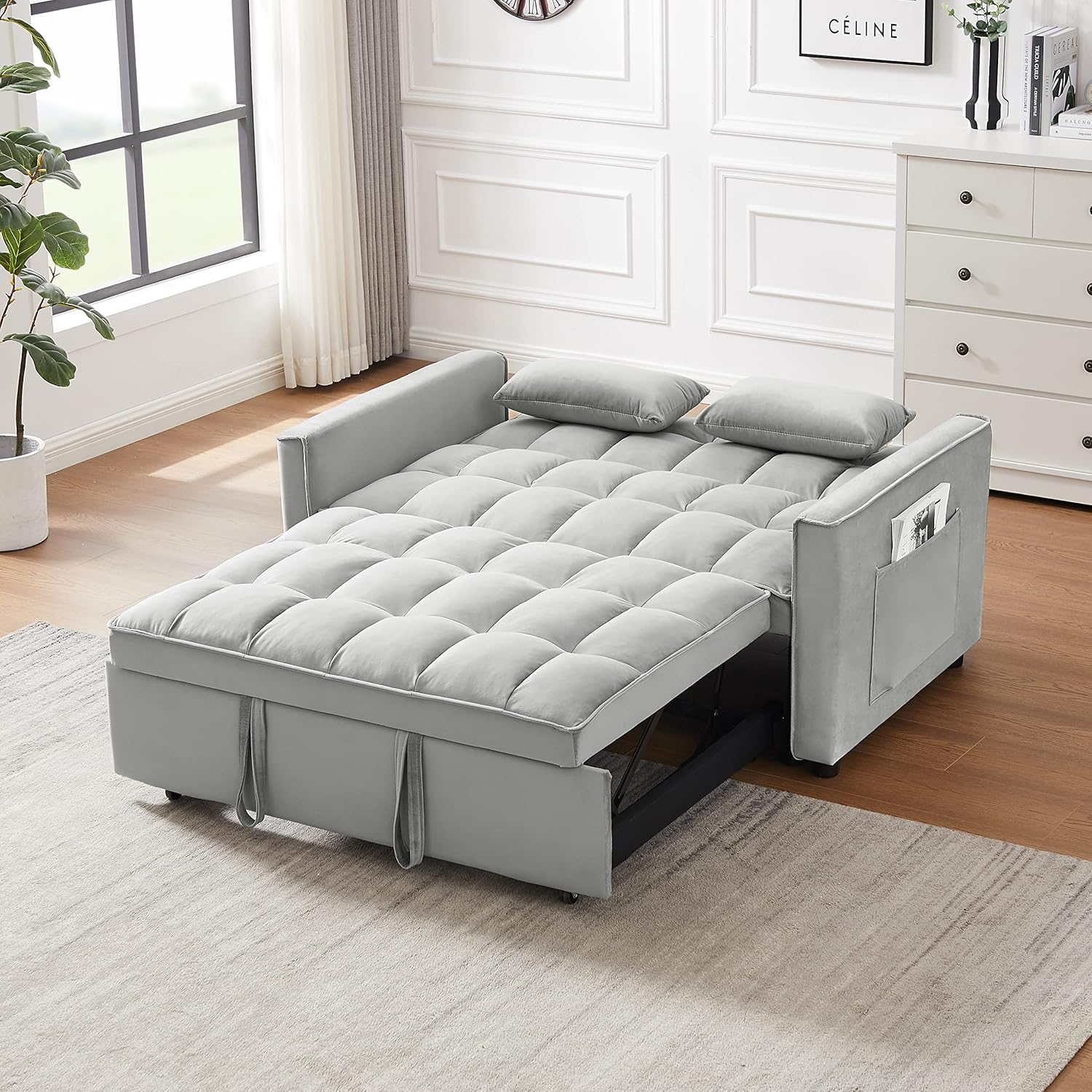 Full Pull Out Sofa Bed Convertible Sleeper with Pillows, Gray W90637