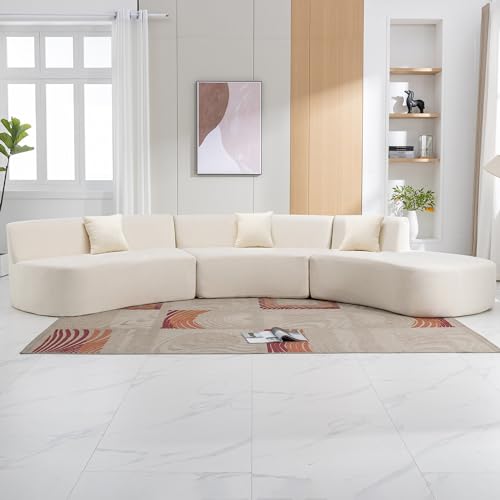 Curved Chenille Sectional Sofa with Three Throw Pillows, Beige G426741