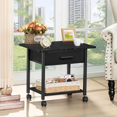 Under Desk Rolling Printer Stand with Drawer, 2-Tier Mobile Printer Table with Storage Shelf and Lockable Wheels, Black X985309