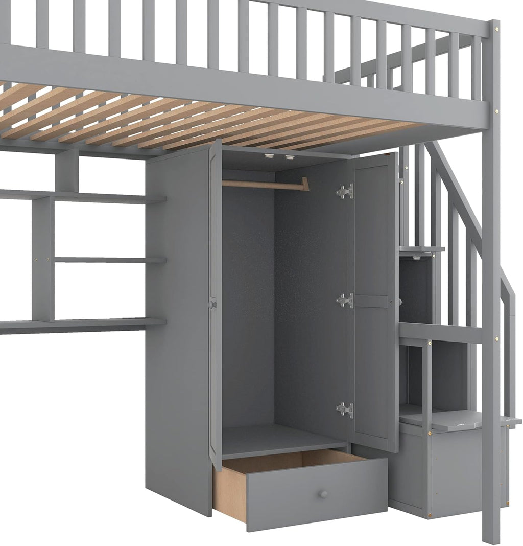 Full Size Loft Bed with Stairs, Desk, Bookshelf, Storage Drawers and Wardrobe, Solid Wood Frame Y463750