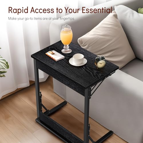 Folding C Shaped End Table for Sofa, Laptop Desk, TV Tray, Dark Black B7070