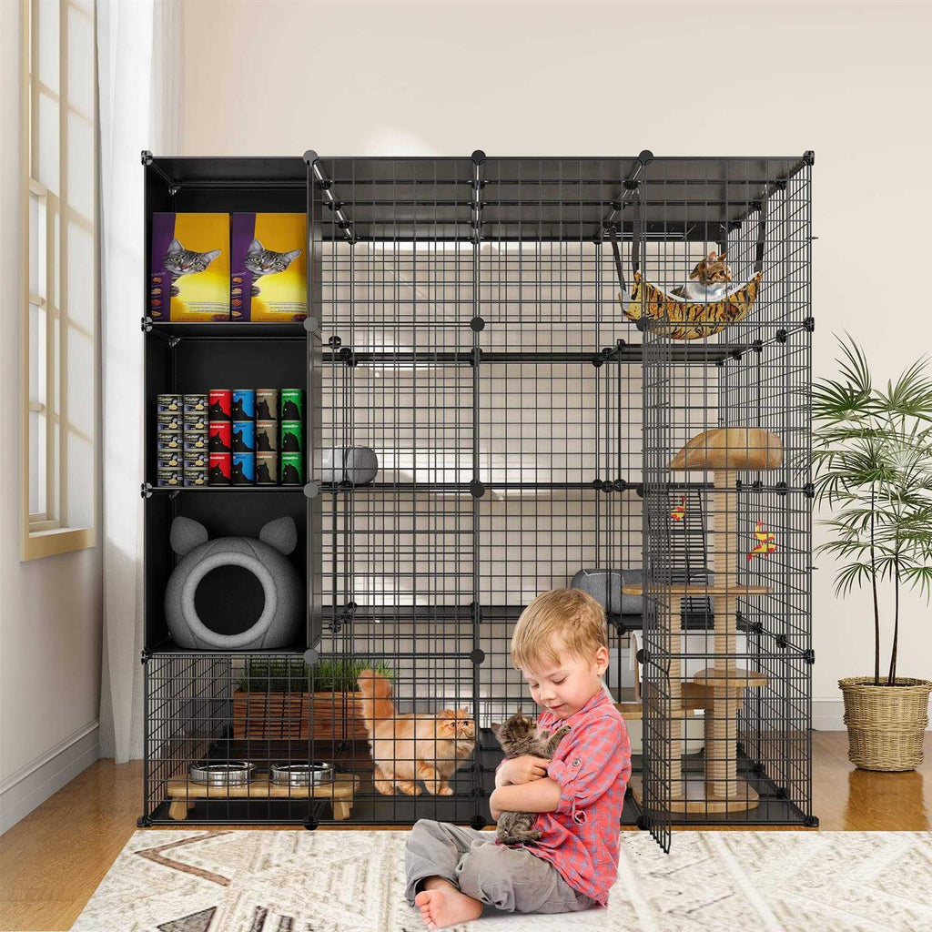 Cat Cage Indoor Large with Storage Cube DIY Catio Cat Enclosures Metal Cat Playpen with Hammock S7333