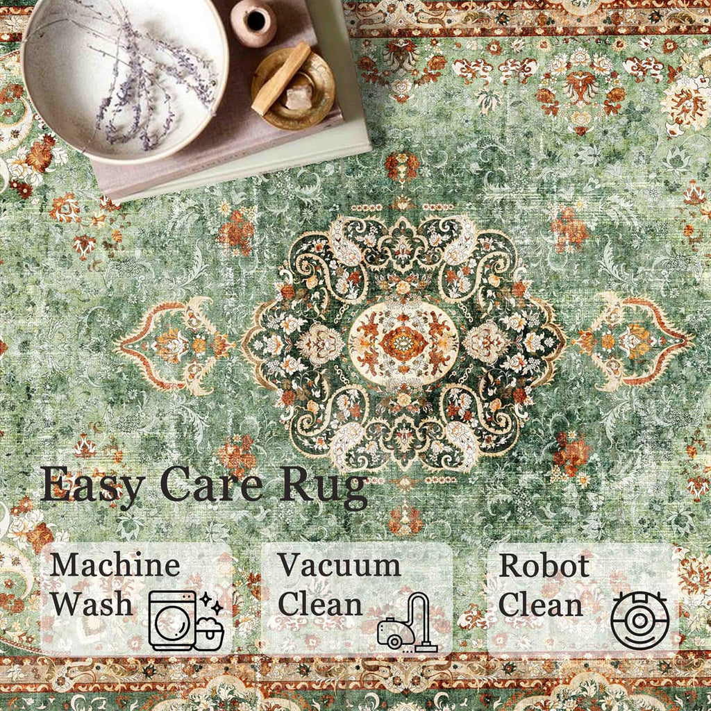 Sage Green Round Rug 6ft Washable Non Slip Circle Carpet M6739