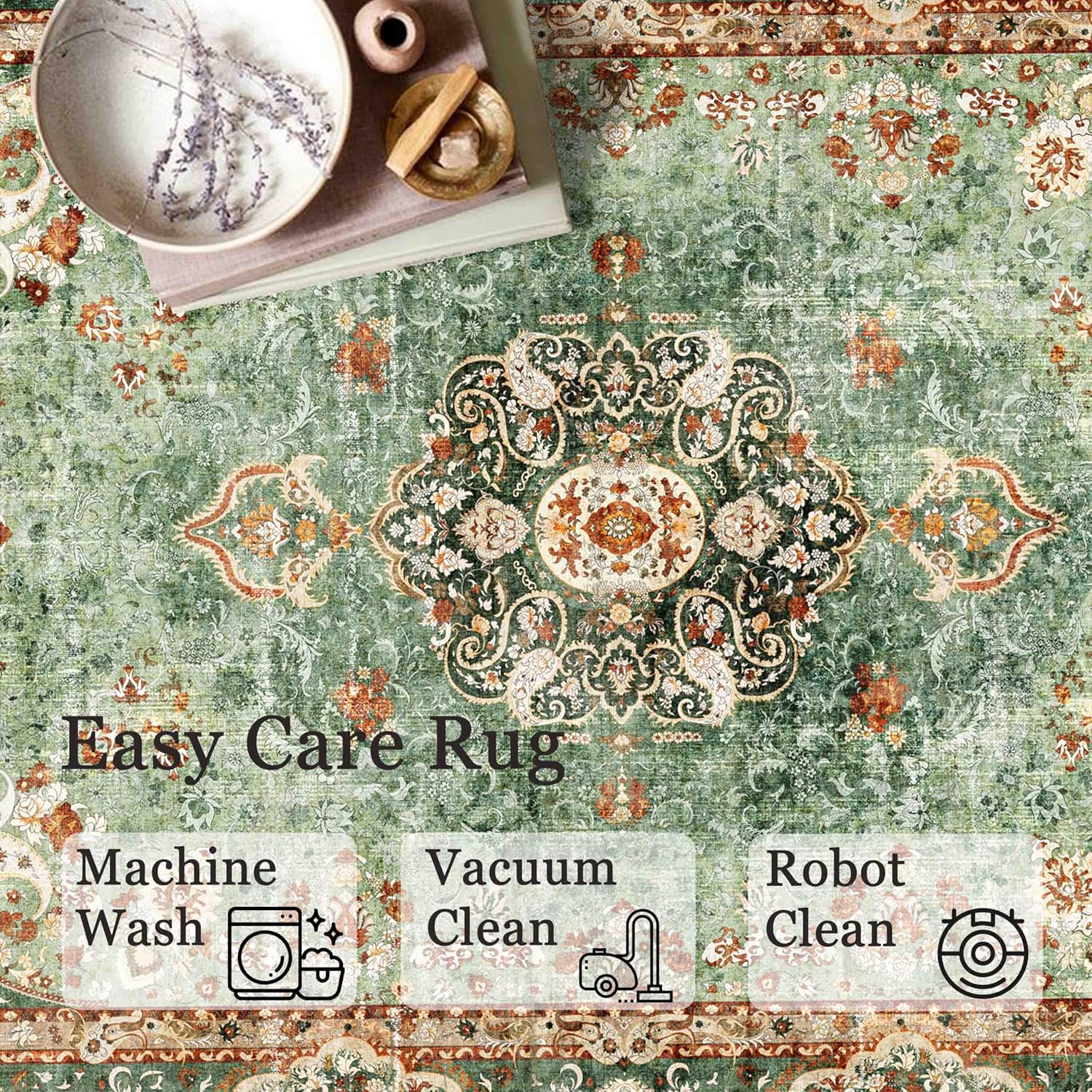 Sage Green Round Rug 6ft Washable Non Slip Circle Carpet M6739