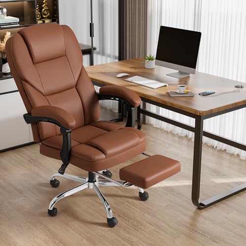 Ergonomic High Back Office Chair with Footrest, Reclining Leather, Heavy Duty F8487