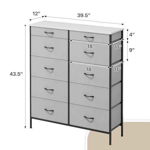 Double Dresser with 10 Drawers, TV Stand Chest of Drawers, Fabric Organizer with Metal Frame and Wooden Top K2520