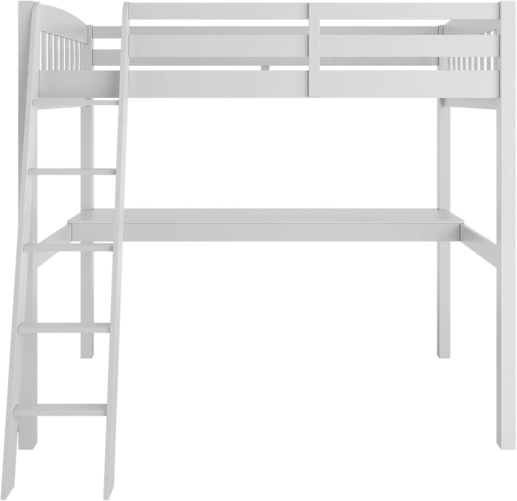 White High Loft Bed with Desk and Storage, Solid Wood Twin Size Frame with Stairs for Kids Q3817