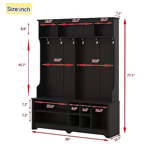 Hall Tree with Storage Bench, 60 Inch Wooden Mudroom Bench E902790