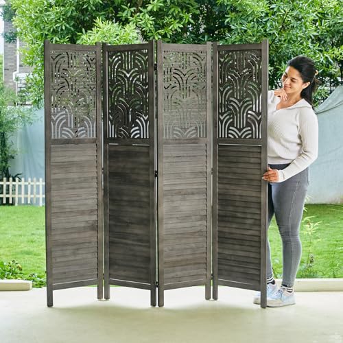 Wood Carved Room Divider, 4 Panel Folding Partition Screen I62007
