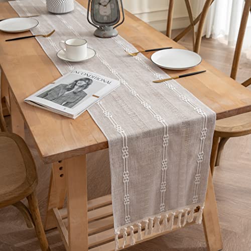 Rustic Linen Table Runner Striped Embroidered Boho 90 Inches Long Handmade Woven Tassel K657410