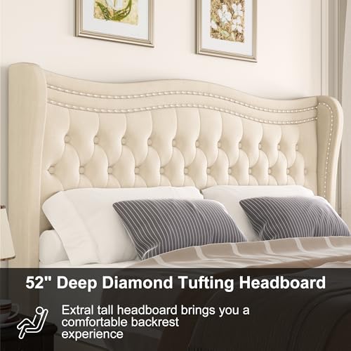 Upholstered Queen Bed Frame with Tall Headboard, Velvet, No Box Spring Needed Y91759