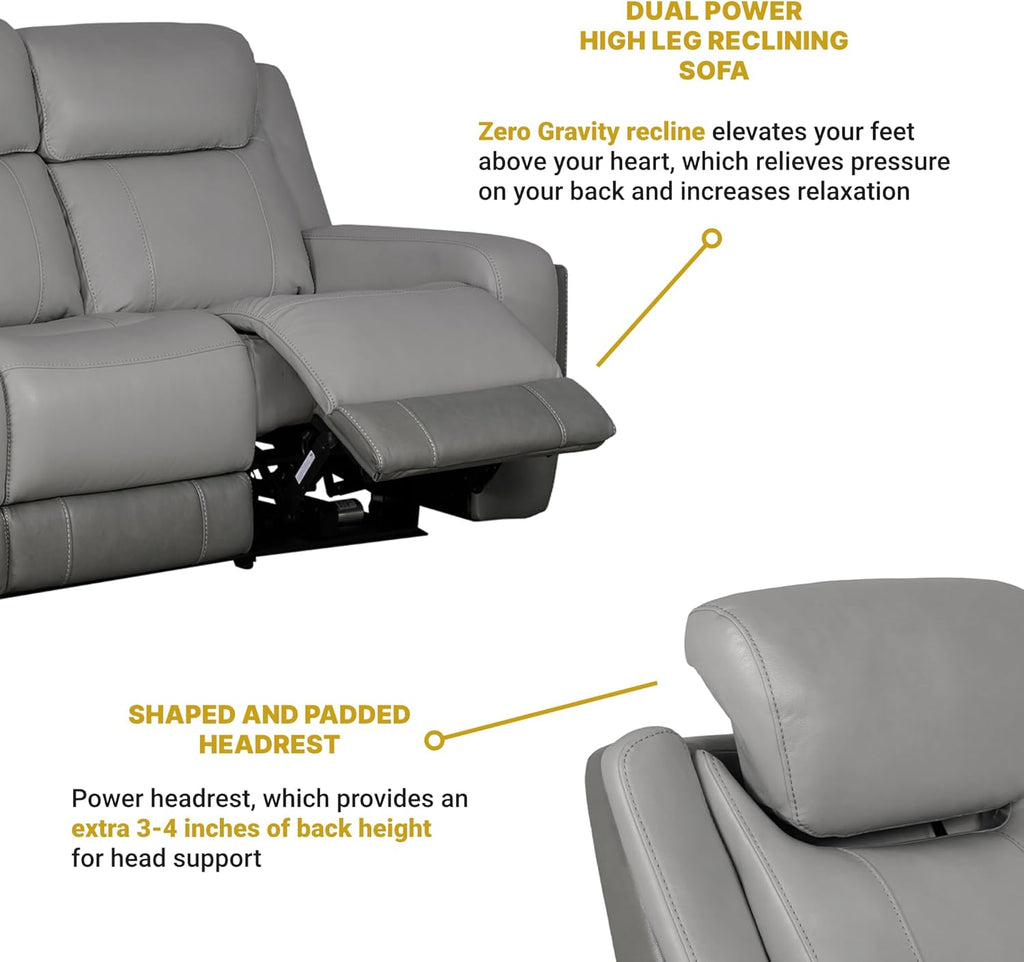 Modern Zero Gravity Power Reclining Sofa with Dropdown Console, 87" Wide, Silver and Gray Leather H4266