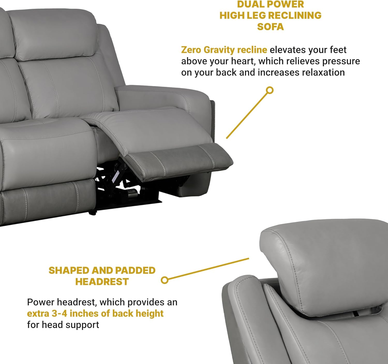 Modern Zero Gravity Power Reclining Sofa with Dropdown Console, 87" Wide, Silver and Gray Leather H4266