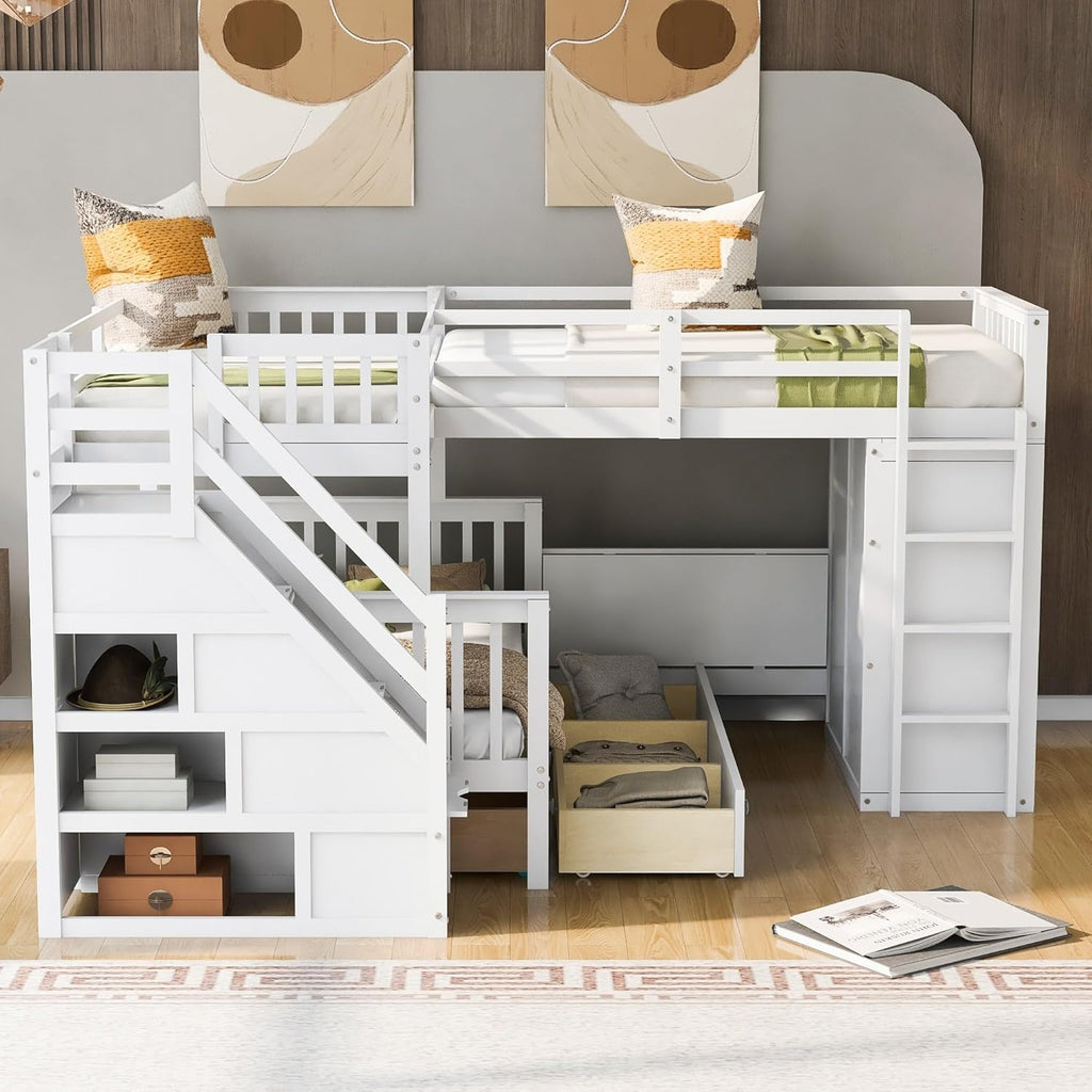L-Shaped Bunk Bed with 3 Drawers Wardrobe and Desk I9342