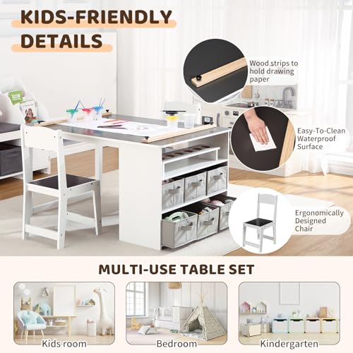 Kids Art Table and Chairs Set with Storage Desk and Art Supply Organizer I94392