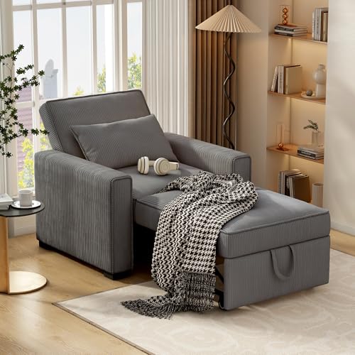 Sleeper Chair, 3 in 1 Convertible Sofa Bed, Adjustable Pull Out Sofa Bed with Throw Pillow, Modern Soft Corduroy Fabric Sofa Sleeper for Single, Living Room, Dorm, Office, Bedroom (Beige)