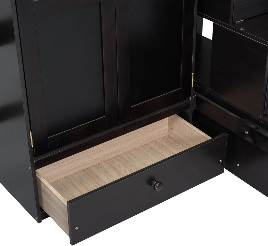 Twin Size Loft Bed with Stairs, Desk, Bookshelf, Drawers and Wardrobe, Solid Wood Frame Q2518