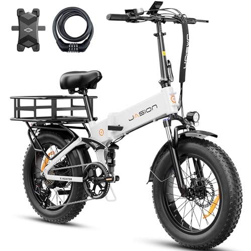 Jasion X-Hunter Electric Bike for Adults,1400W Peak Motor 30MPH Max Speed,624WH Removable Battery Full Suspension 20 * 4.0 Fat Tire Foldable Ebike, 7-Speed Bicycles,with Basket and Cable Lock