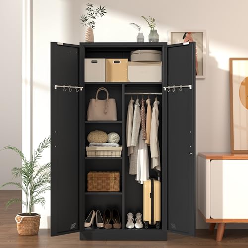 Metal Armoire Wardrobe Closet with 2 Doors, Shelf and Hanging Rod T853671