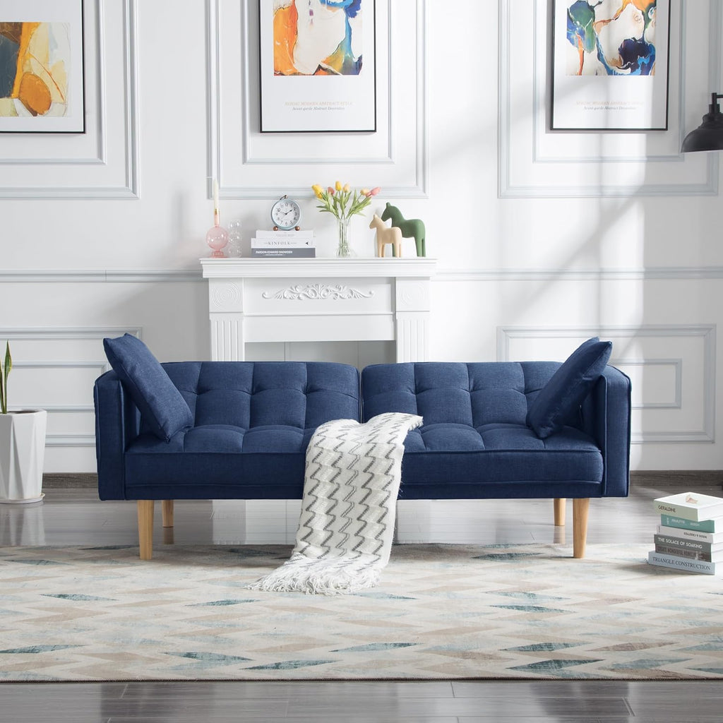 Tufted Futon Sofa Bed with Wooden Legs and 2 Pillows, Navy Blue N268