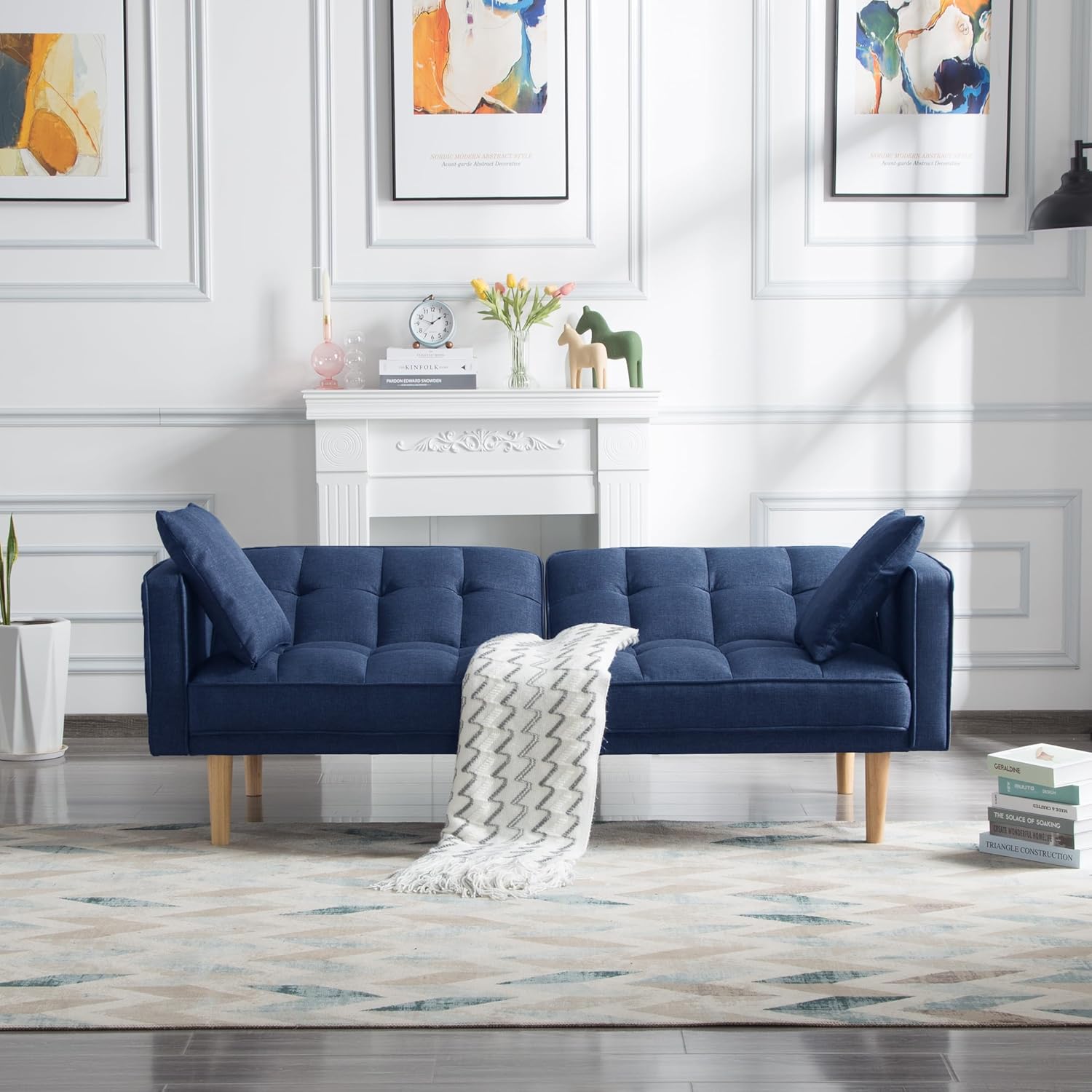 Tufted Futon Sofa Bed with Wooden Legs and 2 Pillows, Navy Blue N268